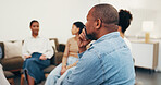 Counseling, group or man in clinic with thinking, advice reflection or insight on mental health. Consultation, back or person with attention, growth evaluation or guidance clarity in peer support.