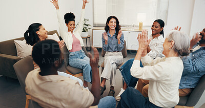 Buy stock photo Excited, applause and support group in office, counseling or celebration for mental health progress. Therapy, circle and happy people with trauma recovery, success and clapping for personal growth