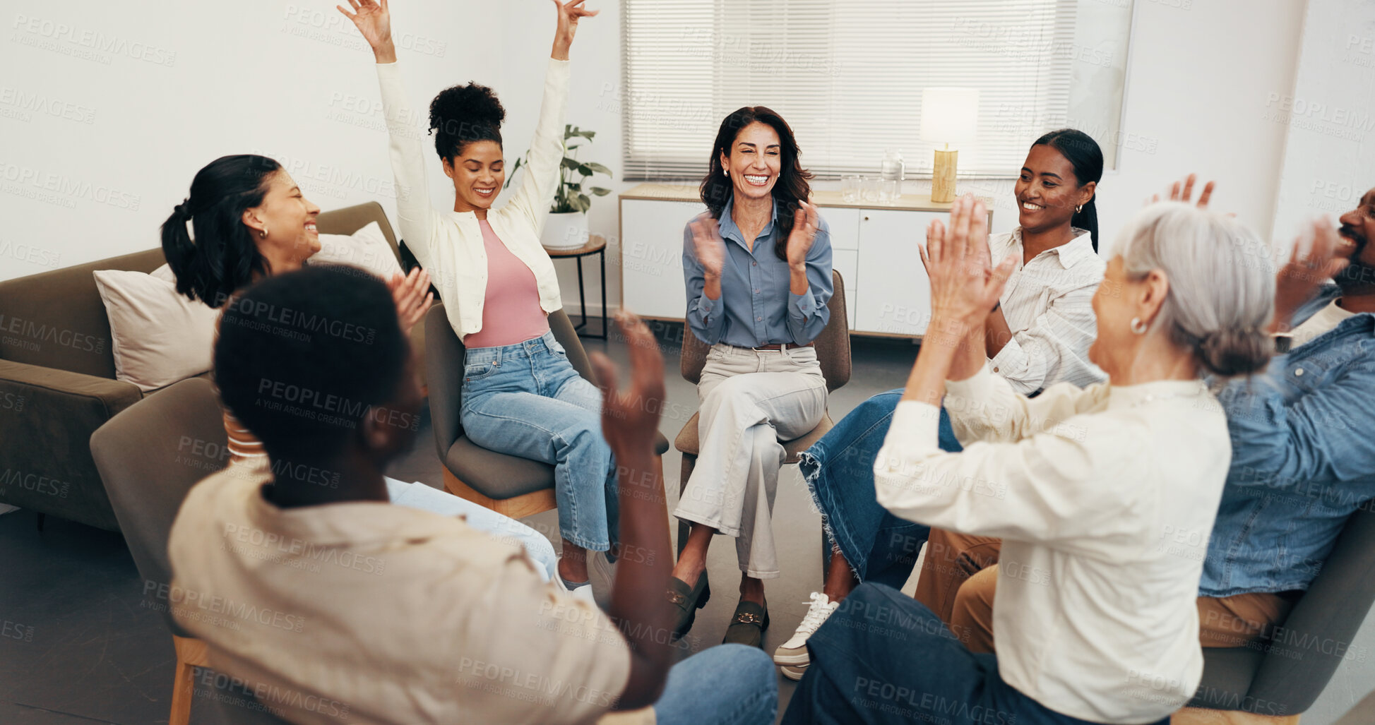 Buy stock photo Excited, applause and support group in office, counseling or celebration for mental health progress. Therapy, circle and happy people with trauma recovery, success and clapping for personal growth