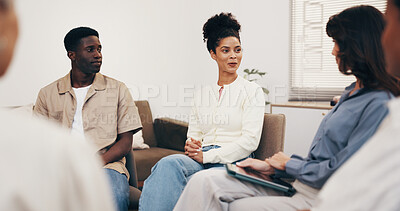 Buy stock photo Psychology, woman and happy with talk for group therapy, addiction recovery and support in healing. Rehabilitation, people and member in counseling for relapse prevention, share story and improvement