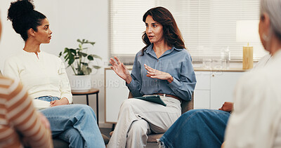 Buy stock photo People, therapist and talk with tablet for group therapy, coping mechanism and relapse prevention. Community center, member or mature counselor with tech for counseling, addiction recovery or support