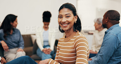 Buy stock photo Psychology, woman and smile in meeting for support group, self improvement and relapse prevention. Community center, member and portrait for counseling, healing progress and mutual aid in addiction