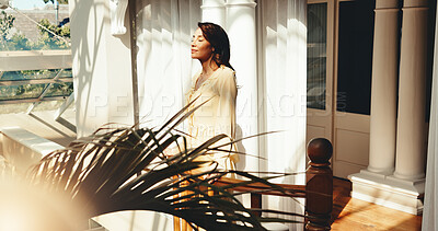 Buy stock photo Smile, woman and balcony at hotel for holiday, peace and mindfulness at luxury accommodation. Happy, mature person or eyes closed at resort for positive mindset, travel experience and weekend getaway