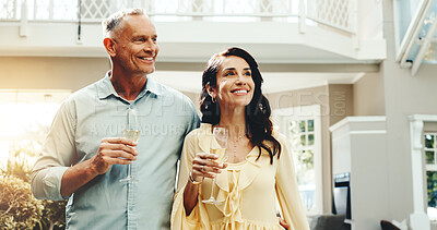 Buy stock photo Relax, vacation and happy couple with champagne in resort for holiday getaway or weekend together. Man, woman or smile with alcohol, glass or drink for honeymoon trip or bonding in luxury retreat