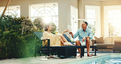 Buy stock photo Cheers, travel and happy couple with drink in resort for holiday getaway or vacation together. Man, woman or smile with alcohol, glass or toast for weekend trip, date or honeymoon in luxury retreat