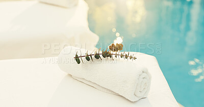 Buy stock photo Spa, empty and towel with plant at resort for aromatherapy, beauty treatment and calm for wellness. Hospitality, background and eucalyptus for herbal scent, holistic therapy and pamper for massage