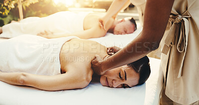 Buy stock photo Hands, woman and sleeping at salon for back massage, deep tissue and holistic treatment of wellness. Masseuse, mature couple and asleep at spa for self care, muscle stiffness and therapeutic healing