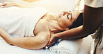 Hands, woman and relax at spa for massage, deep tissue and holistic treatment of back pain. Masseuse, mature person and sleeping at salon for self care, muscle stiffness and therapeutic for wellness