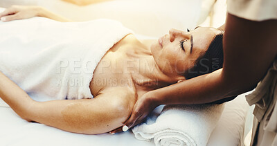 Buy stock photo Hands, woman and relax at spa for massage, deep tissue and holistic treatment of back pain. Masseuse, mature person and sleeping at salon for self care, muscle stiffness and therapeutic for wellness