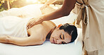 Hands, woman and sleeping at spa for back massage, deep tissue and holistic treatment of wellness. Masseuse, mature person and asleep at salon for self care, muscle stiffness and therapeutic healing