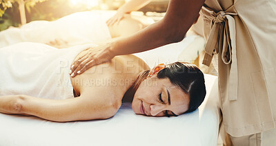 Buy stock photo Hands, woman and sleeping at spa for back massage, deep tissue and holistic treatment of wellness. Masseuse, mature person and asleep at salon for self care, muscle stiffness and therapeutic healing