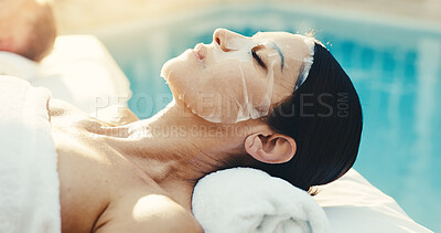 Buy stock photo Spa, massage and woman with face mask, facial treatment and relaxation therapy on holiday or luxury. Resort, skincare and mature person on vacation, exfoliation and self care on break and wellness