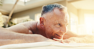 Buy stock photo Senior, man and relax on massage table for spa pamper, muscle therapy and hospitality reflection. Happy, pensioner and thinking outdoor at resort for body care, rest and waiting on holistic treatment
