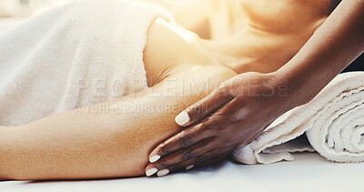 Buy stock photo Hands, masseuse and woman at spa for massage, deep tissue and holistic treatment for wellness. Person, client or relax at salon for bodycare, muscle stiffness and therapeutic for self care getaway