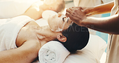Buy stock photo Spa, hands and woman with face mask, massage and relaxation therapy on holiday and facial treatment. Resort, skincare and mature person on vacation, exfoliation and self care on break or wellness