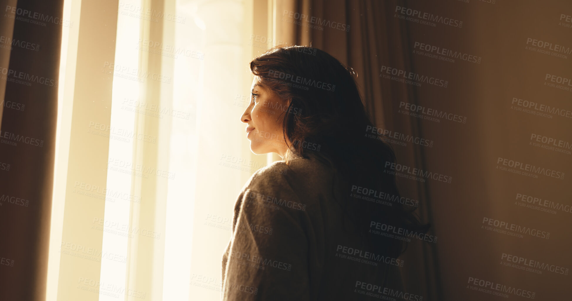 Buy stock photo Woman, thinking and relax in hotel with window, peaceful morning and travel for me time on vacation. Calm, mature person and wake up in accommodation with reflection, wellness and vision for holiday.