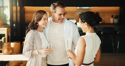 Buy stock photo Friends, laugh and talk in home with champagne, social connection and visit for bonding on weekend. Happy, mature people and funny conversation in house with alcohol drink, positivity and hangout.