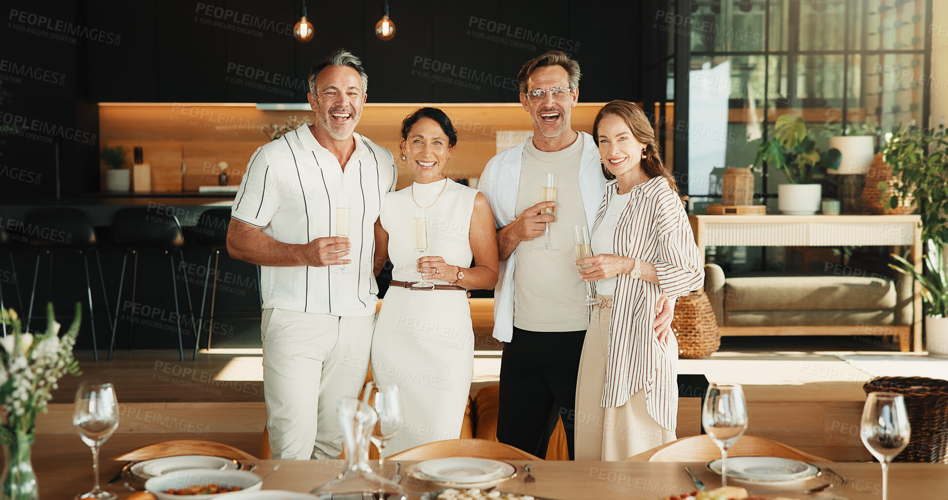 Buy stock photo Celebration, portrait and friends in home with champagne, bonding and happy moment with reunion meal. Smile, drink and mature people with dinner, party connection and good time with social gathering.