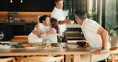 Buy stock photo Mature, people and greeting with hug in home for reunion, welcome or social gathering together. Group, couple of friends and handshake for embrace, introduction and bonding for celebration in house