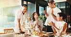 Happy, woman and friends in home with birthday cake, bonding together and applause for age milestone. Mature people, clapping and special day celebration in dining room with dessert, support or party
