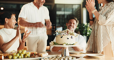Buy stock photo Happy, friends and candles in home with birthday cake, bonding together and applause for milestone. Mature people, clapping and special day celebration in dining room with dessert, support and party.