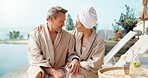 Smile, couple and relax at resort for travel, affection and summer holiday for weekend unwind. Happy, mature people and rest at luxury retreat for embrace, bonding together and fresh air on vacation