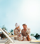 Couple, high five and travel at spa with love, relationship bonding and excited for vacation. Outdoor, mature people and hand gesture with space for anniversary holiday, connection or happy at resort