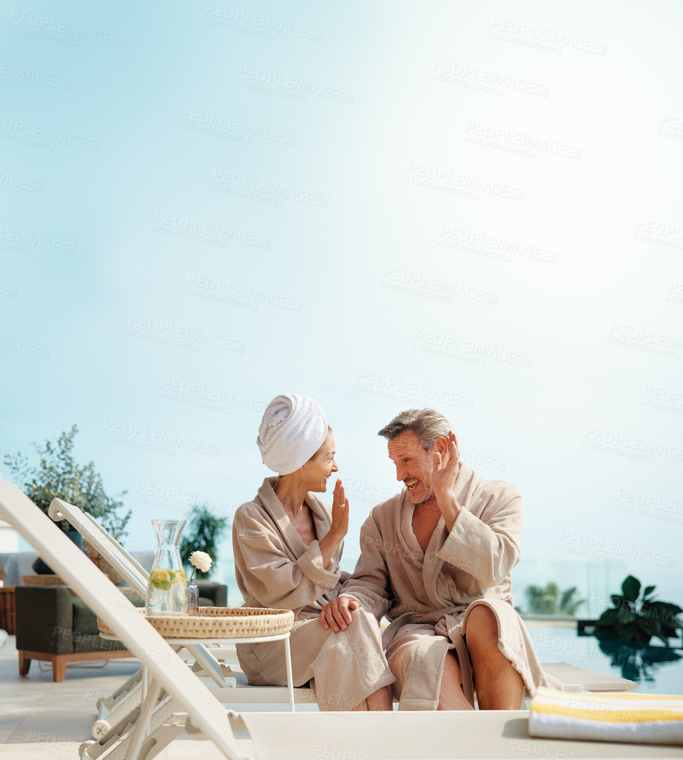 Buy stock photo Couple, high five and travel at spa with love, relationship bonding and excited for vacation. Outdoor, mature people and hand gesture with space for anniversary holiday, connection or happy at resort