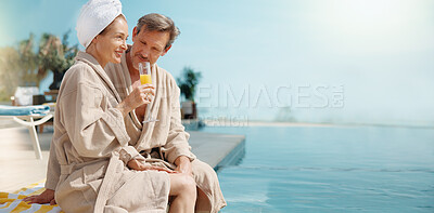 Buy stock photo Cocktail, couple and smile at swimming pool on vacation, break and relax together on getaway. Poolside, mature man and happy woman with mimosa, holiday space or outdoor at luxury spa with love