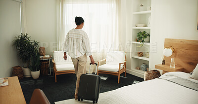 Buy stock photo Woman, back and luggage in hotel for travel, vacation accommodation and arrival in bedroom. Female person, suitcase and check in at resort for summer holiday, weekend getaway and privacy on retreat
