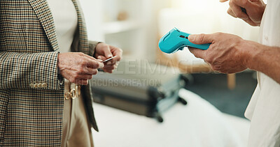 Buy stock photo Hands, people and card at hotel with machine, payment and transaction for hospitality services. Person, customer and pos terminal at resort for reservation, billing guest and travel budget on holiday