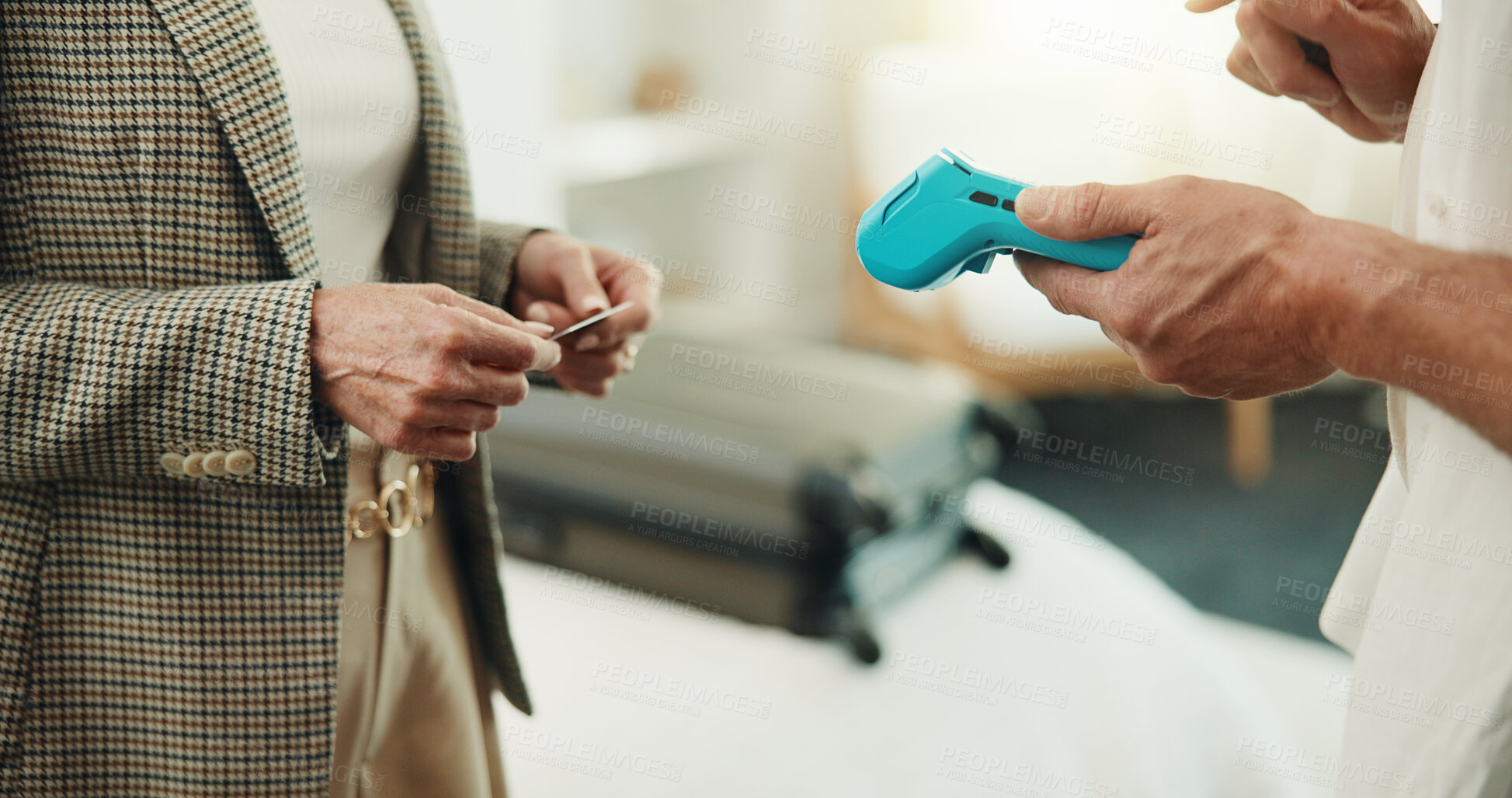 Buy stock photo Hands, people and card at hotel with machine, payment and transaction for hospitality services. Person, customer and pos terminal at resort for reservation, billing guest and travel budget on holiday