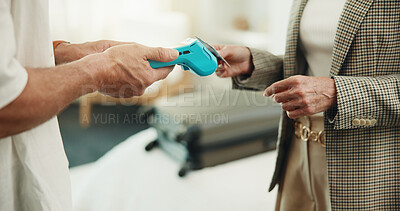 Buy stock photo Hands, people and card at resort with machine, payment and transaction for hospitality services. Person, customer and pos terminal at hotel for reservation, billing guest and travel budget on holiday