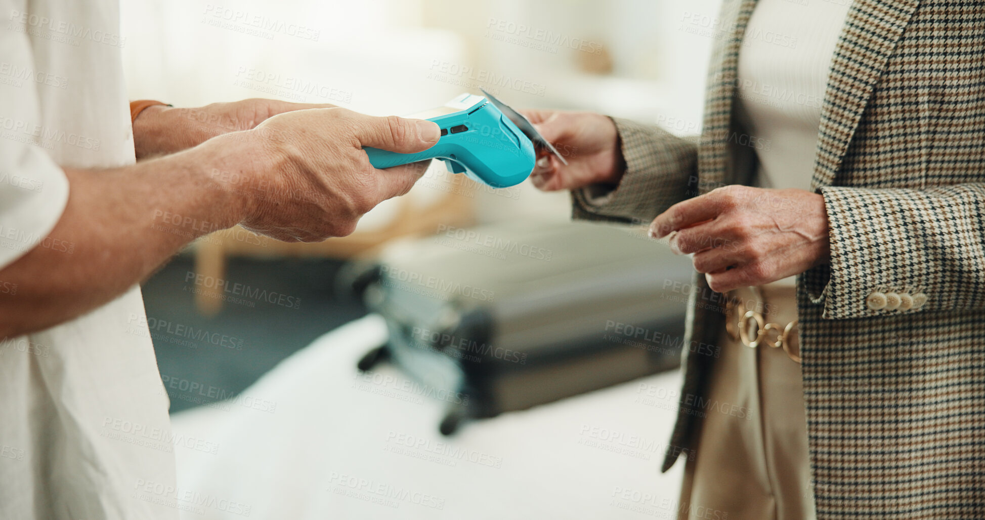 Buy stock photo Hands, people and card at resort with machine, payment and transaction for hospitality services. Person, customer and pos terminal at hotel for reservation, billing guest and travel budget on holiday
