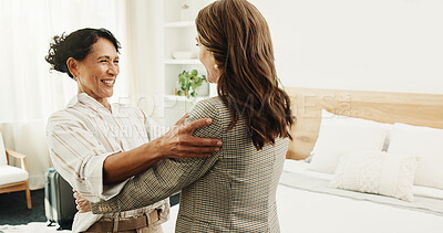 Buy stock photo Visit, greeting and women in home with hug, bonding together and excitement with friendship reunion. Space, companion and mature people with embrace, friendly welcome and happy moment with connection
