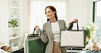 Woman, shopping and bag at house for spree, clothing haul and purchase for retail therapy. Thinking, mature person and package in lounge with new outfit, collection and discount for wardrobe restock
