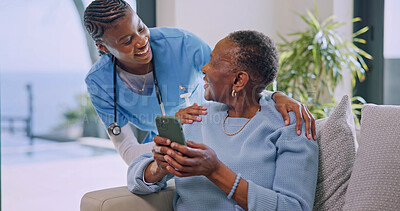 Buy stock photo Nurse, phone and elderly woman on sofa with support, check up and connection in nursing home. African patient, mobile and caregiver in house for retirement wellness, talking or update contact details