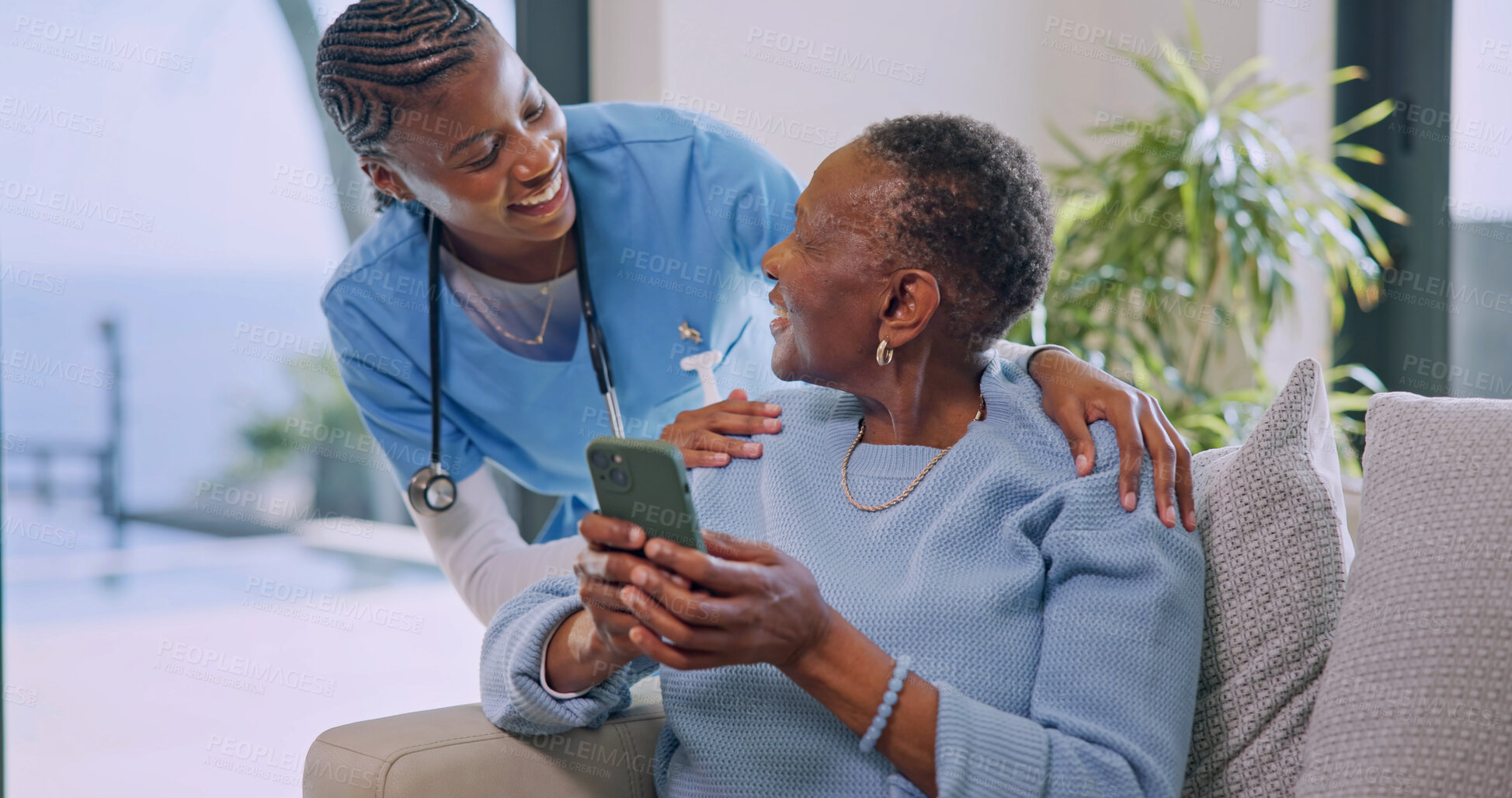 Buy stock photo Nurse, phone and elderly woman on sofa with support, check up and connection in nursing home. African patient, mobile and caregiver in house for retirement wellness, talking or update contact details