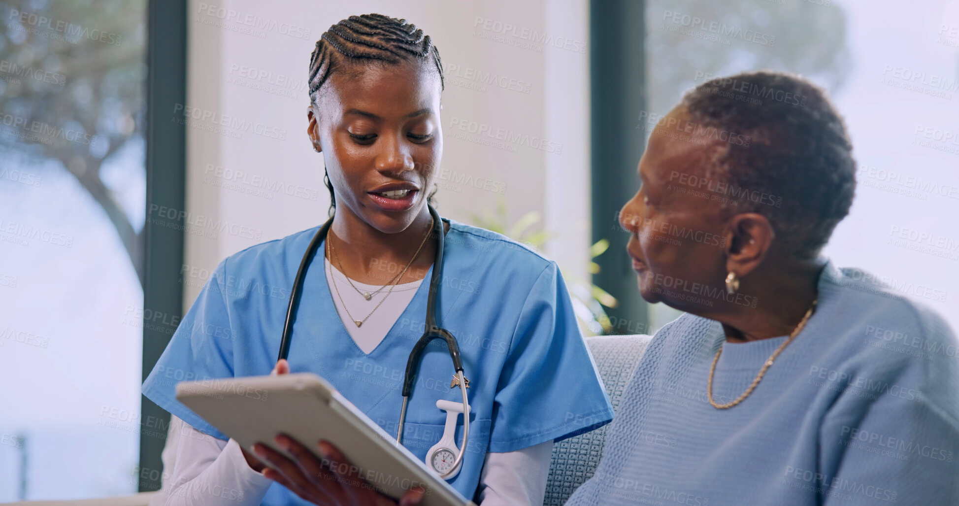 Buy stock photo Tablet, nurse and senior woman in home for consulting, telehealth app and help with report. Tech, retirement and caregiver with African patient for medical support, healthcare and assisted living