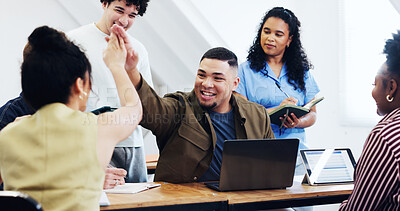 Buy stock photo Smile, students and high five in class with laptop, good news and lesson success for passing exam. Happy, people and well done at university with tech, celebration and academic progress for education
