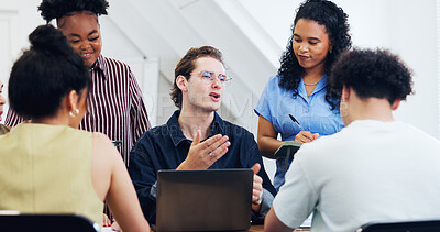 Buy stock photo Meeting, manager or team in office with laptop, ads planning or feedback on branding proposal. Creative, people or marketing specialist with tech, campaign strategy or director review on growth pitch