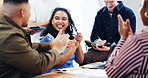 Smile, students and applause in class with laptop, good news and lesson success for passing exam. Happy, people and clapping hands at campus with tech, celebration and academic progress for education