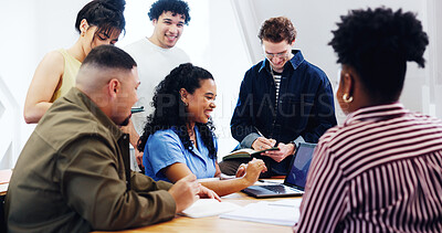 Buy stock photo Meeting, happy or team in office with laptop, advertisement planning or research on brand promotion. Smile, people or marketing group with tech, campaign strategy or brainstorming for company growth.