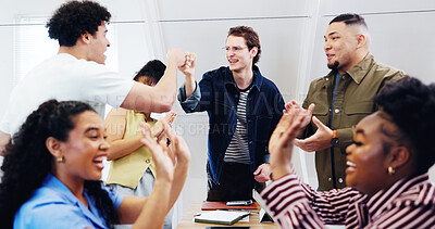 Buy stock photo People, students and classroom with fist bump, good news and lesson success for passing exam. Smile, friends and high five at university for well done, celebration and academic progress for education