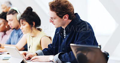 Buy stock photo University student, man and writing notes with tablet, education assignment or knowledge research. Tech, college and person study with notebook in class, test preparation and learning in lesson