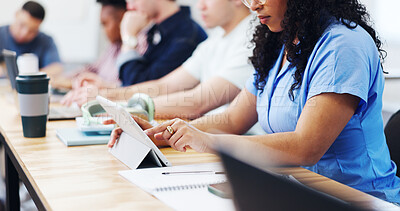 Buy stock photo Student, college and hands with tablet for learning, assignment submission or knowledge research. Tech, university and woman study with app, course revision or reading digital notes for education
