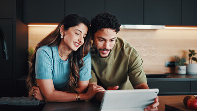Buy stock photo Smile, couple and cooking in kitchen with tablet, research and recipe tutorial for fruit salad. Happy, people and reading at house with digital app, online video and ingredients for healthy breakfast