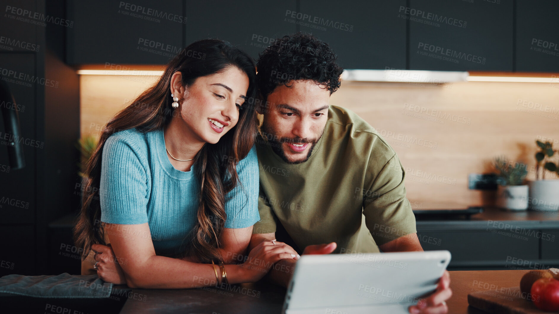 Buy stock photo Smile, couple and cooking in kitchen with tablet, research and recipe tutorial for fruit salad. Happy, people and reading at house with digital app, online video and ingredients for healthy breakfast