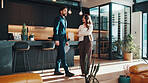 Home, talking and real estate agent with client for viewing with clipboard, tour and price feedback. Realtor, happy customer and people with property investment, house hunting or budget negotiation