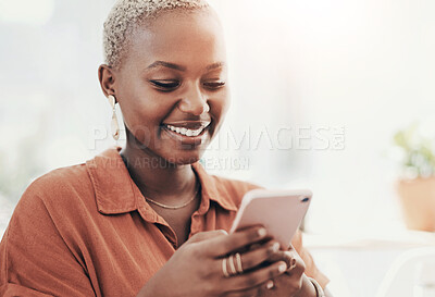 Buy stock photo Happy, woman and typing in house with phone, internet connectivity and watch video on social media. Black person, smile and scroll in apartment with tech, online entertainment and text message app.